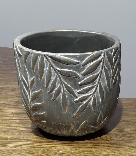 Osłonka / donica kamionka srebrna ze wzorem liście mała ø14cm, wys.12cm (1)