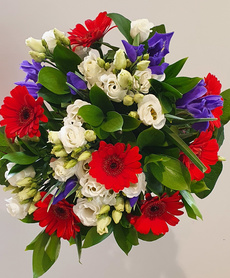 Duży bukiet 3 rodzaje kwiatów (eustoma, irys, gerbera)